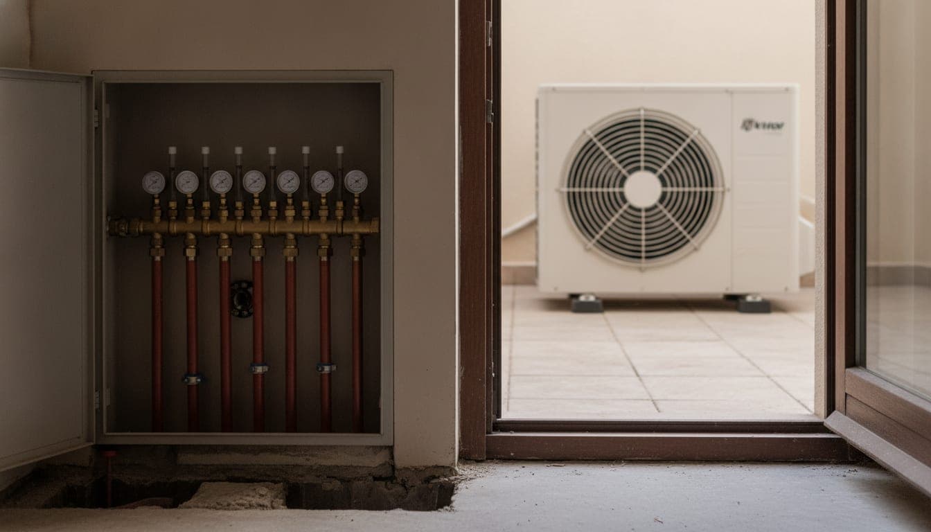 Armario de colectores de suelo radiante abierto, con sus caudalímetros y los tubos que bajan al forjado, y al fondo, en la terraza, la unidad exterior de la aerotermia con la rejilla del ventilador: las dos mitades del mismo sistema