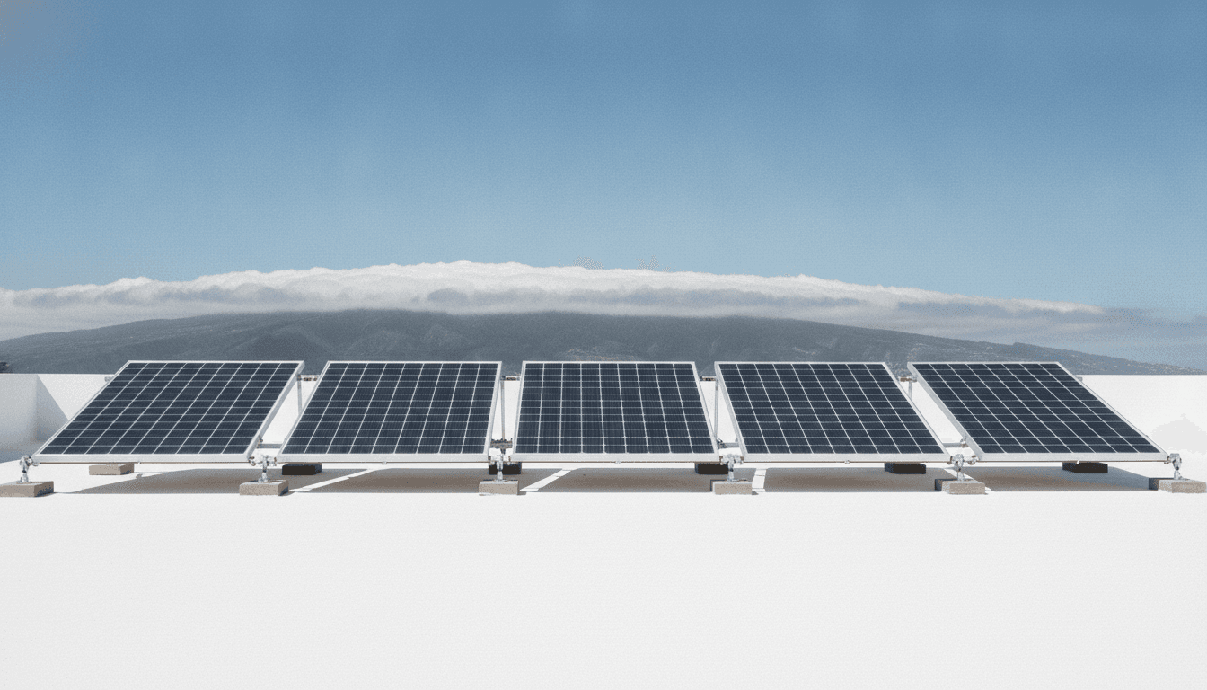 Fila de paneles fotovoltaicos sobre una cubierta plana de Santa Cruz de Tenerife a pleno sol, con la cresta de la vertiente norte de la isla tapada por una banda de nubes al fondo
