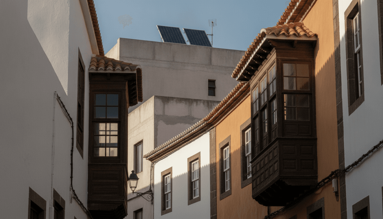 Calle del casco histórico de San Cristóbal de La Laguna con balcones canarios de madera y tejados de teja, y dos paneles solares asomando sobre el peto de un edificio posterior