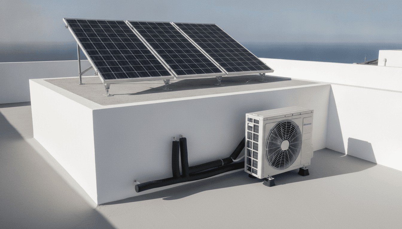 Azotea de una vivienda de Tenerife con paneles fotovoltaicos inclinados sobre el forjado superior y, en la terraza inferior, la unidad exterior de una aerotermia con su rejilla de ventilador y las tuberías aisladas