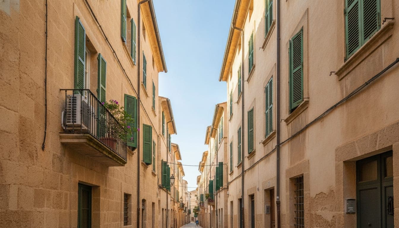Calle de casas de piedra caliza del casco antiguo de Palma con contraventanas verdes, y una unidad exterior de aerotermia discreta en una terraza de primera planta tras una barandilla de hierro