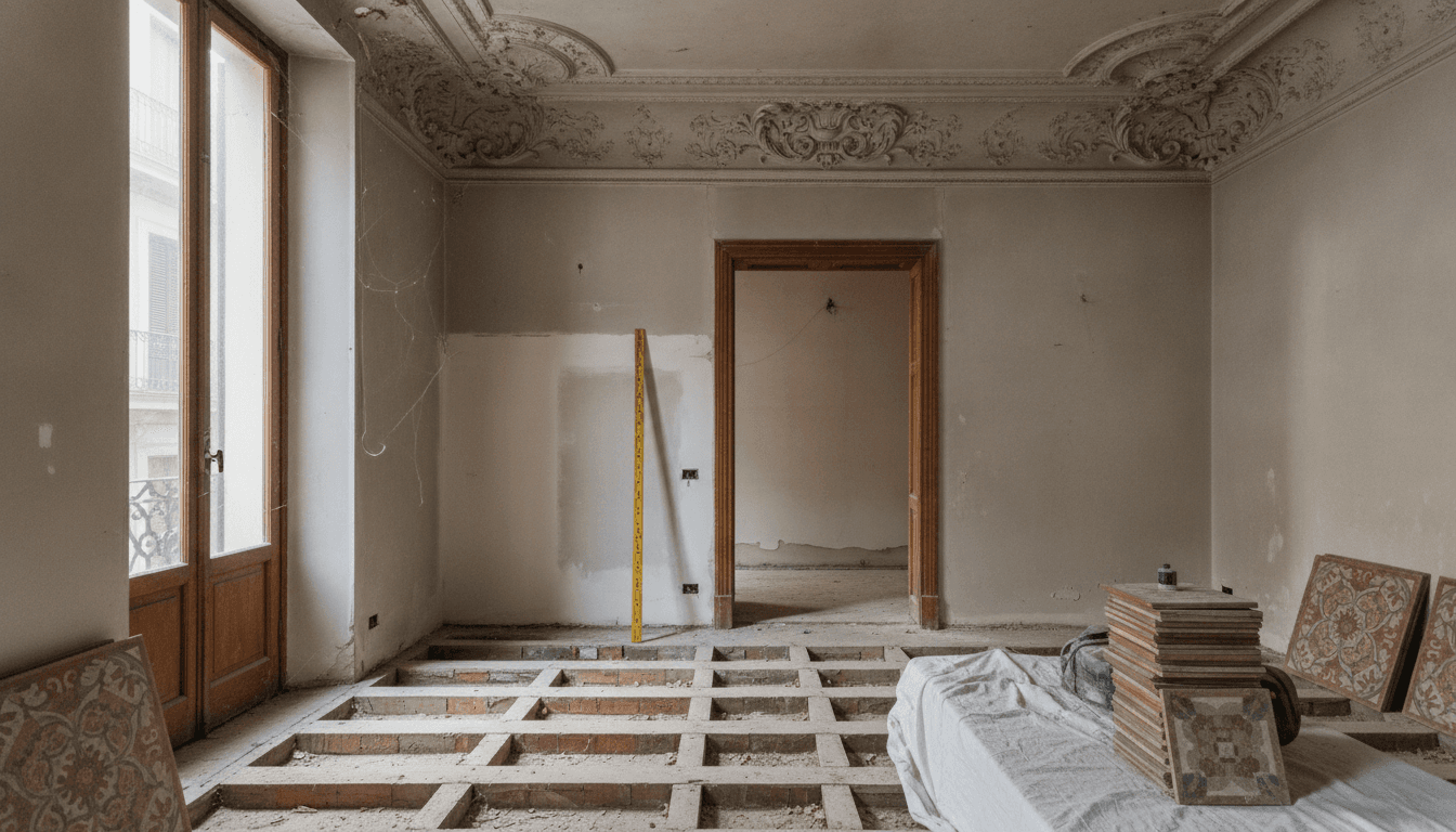 Piso del Eixample de Barcelona en obra, con el suelo levantado hasta la estructura, la moldura de escayola original en el techo y un metro plegable midiendo la altura libre